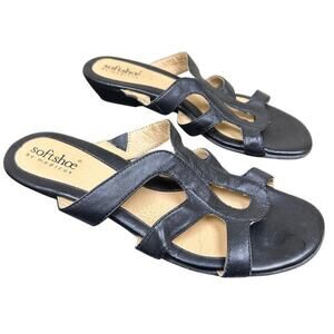 Softshoe Medicus Size 8 Black Leather Slip On Low Wedge Vacation Comfort Sandal